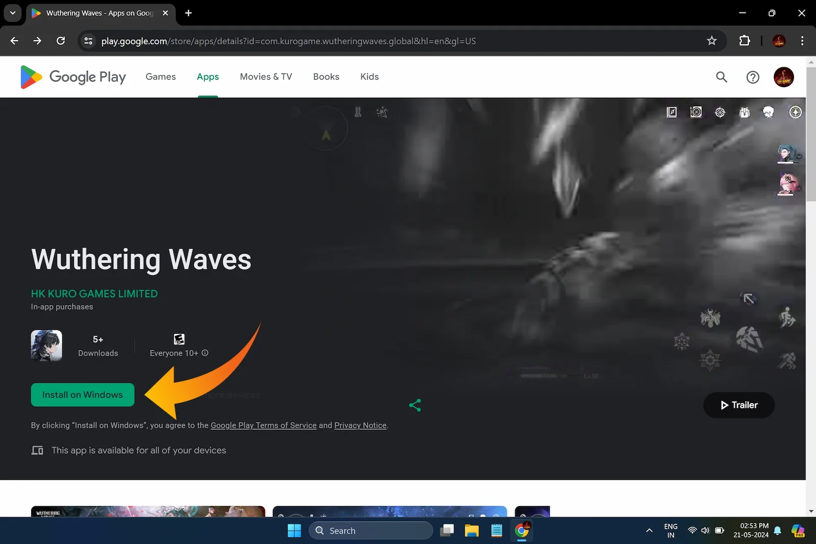Wuthering Waves on Play Store opened with Microsoft Windows 11 PC