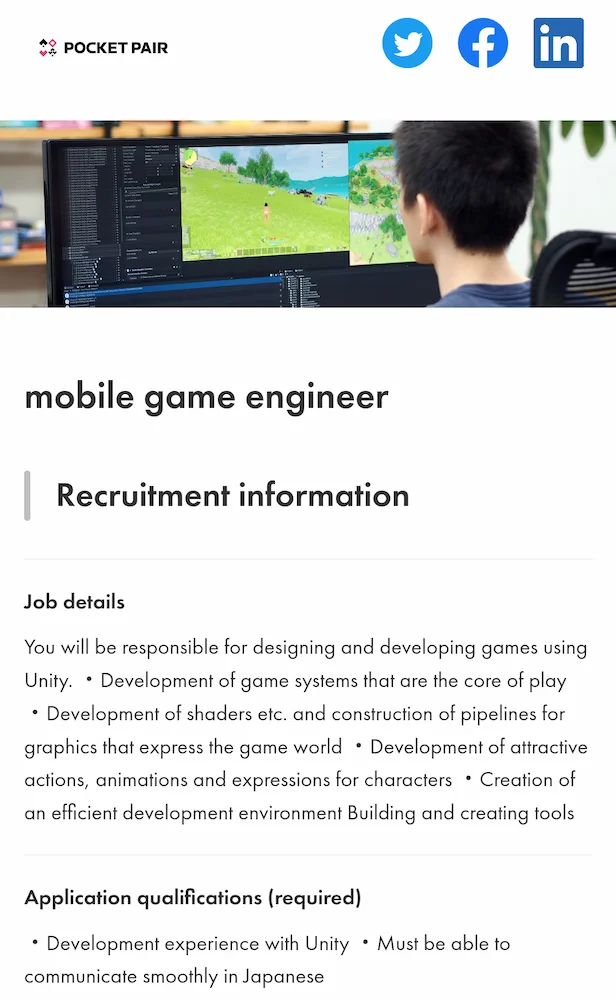 Pocket Pair job of mobile game engineer